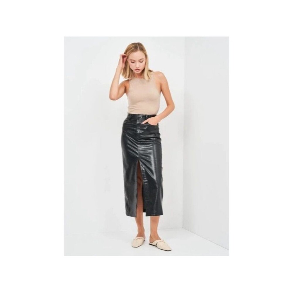 Zara Black Crocodile Faux Leather Midi Skirt Front Slit Sz  M
